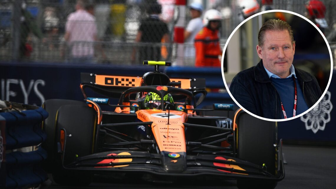 Image of Lando Norris driving McLaren's F1 car with an inset of Jos Verstappen in the Red Bull garage