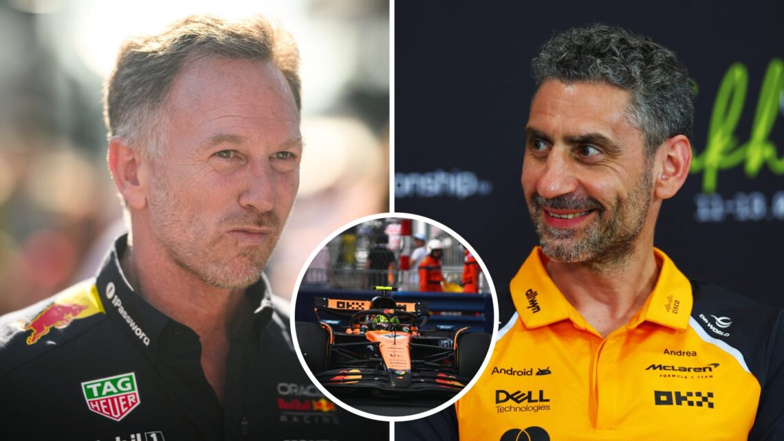 Split image Christian Horner of Red Bull and Andrea Stella of McLaren with an inset of Lando Norris driving