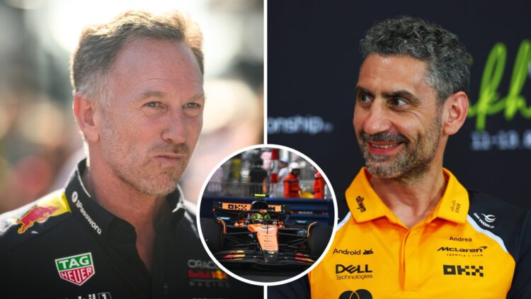 Split image Christian Horner of Red Bull and Andrea Stella of McLaren with an inset of Lando Norris driving