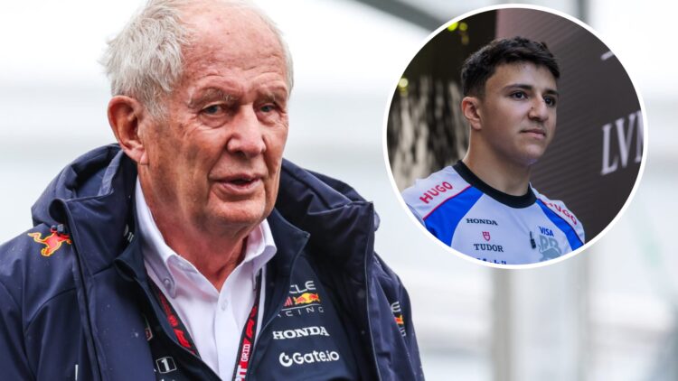 Red Bull motorsport adviser Helmut Marko in the 2025 F1 Japanese Grand prix paddock with an inset of Racing Bulls driver Isack Hadjar in Monaco
