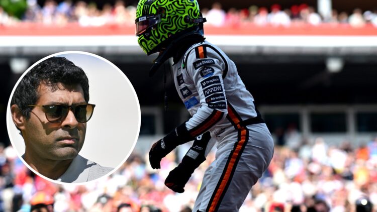 Lando Norris of McLaren celebrates at the Monaco Grand Prix; inset of Karun Chandhok looking on