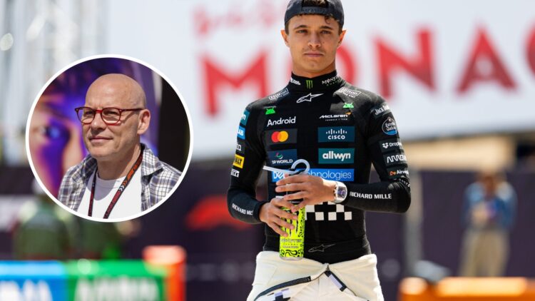 Lando Norris (right) walking through the paddock at the 2025 Monaco Grand Prix, inset, Jacques Villeneuve