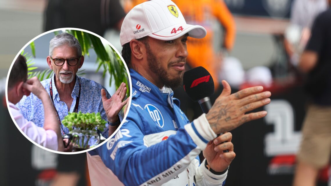 Lewis Hamilton (right) talking to the crowd at the Miami Grand Prix, Damon Hill, inset, in the Miami Grand Prix paddock