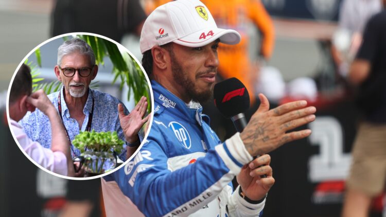 Lewis Hamilton (right) talking to the crowd at the Miami Grand Prix, Damon Hill, inset, in the Miami Grand Prix paddock