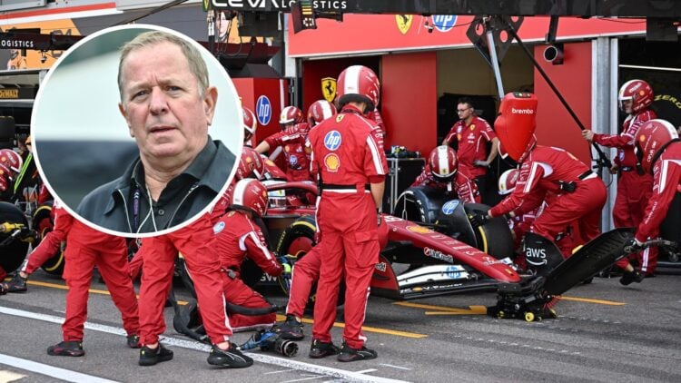 Ferrari pit stop at the Monaco Grand Prix, inset, Martin Brundle