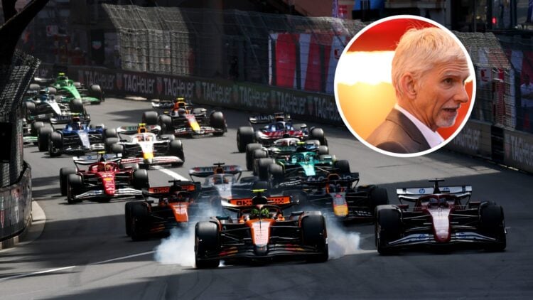 The start of the Monaco Grand Prix with Lando Norris leading the race, inset, Damon Hill