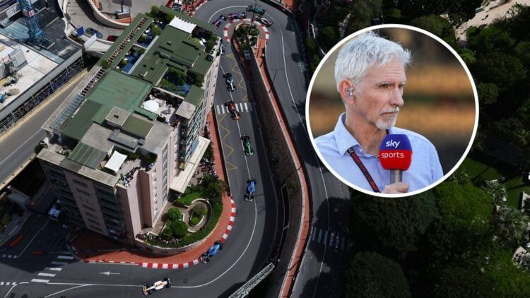 A train of Formula 1 cars at the 2025 Monaco Grand Prix, inset, Damon Hill