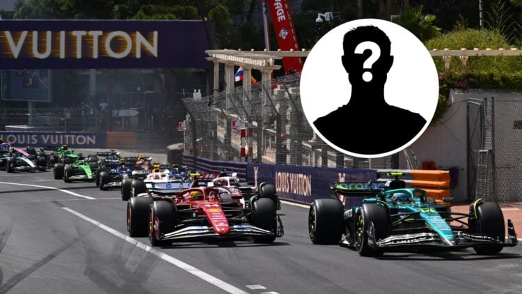 A race start featuring Aston Martin driver Fernando Alonso at the 2025 Monaco Grand Prix, inset, a mystery driver