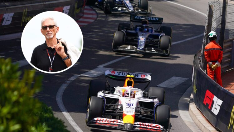 Liam Lawson leading cars at the 2025 Monaco Grand Prix, inset, Damon Hill