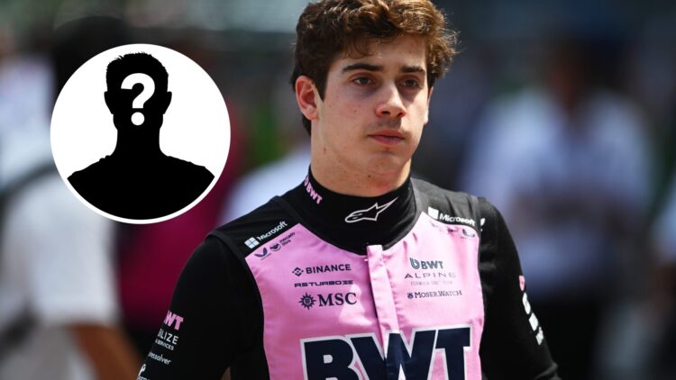 Alpine driver Franco Colapinto in the paddock at the 2025 Monaco Grand Prix, inset, mystery figure
