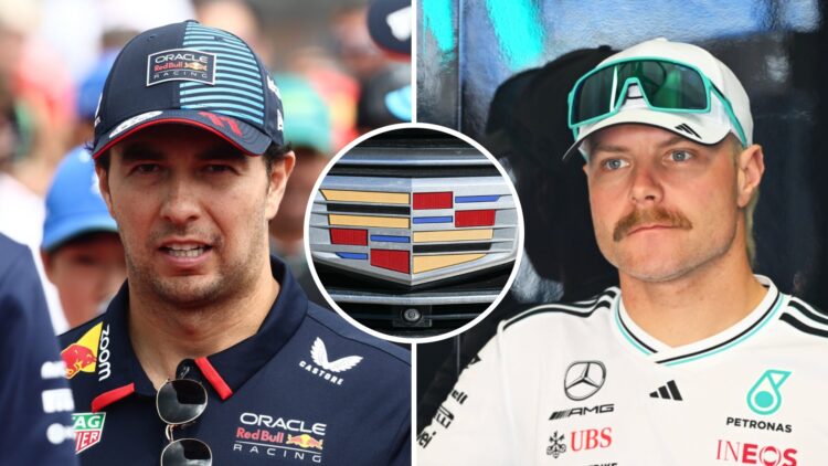 Red Bull 2024 F1 driver Sergio Perez on the grid and Mercedes 2025 reserve driver Valtteri Bottas in the garage with an inset of the Cadillac logo