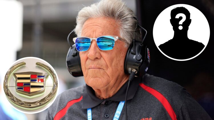 Mario Andretti at the 2023 Indianapolis 500, insets of the Cadillac logo and Mystery driver