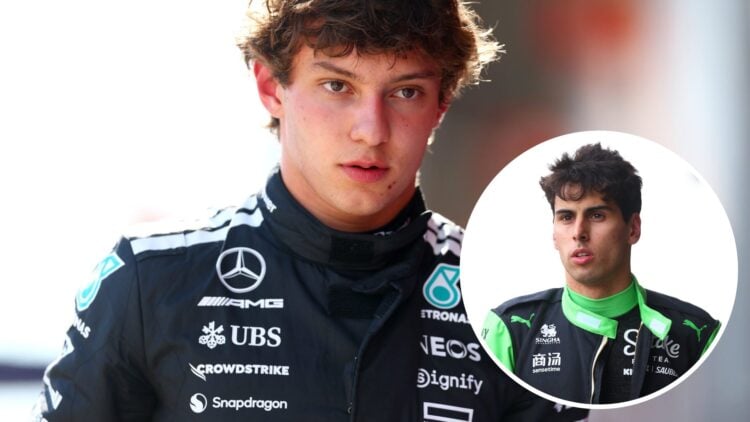 Mercedes driver Kimi Antonelli at the 2025 Emilia Romagna Grand Prix, inset Gabriel Bortoleto
