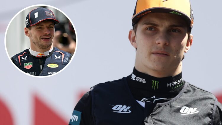 McLaren driver Oscar Piastri on the 2025 F1 Monaco Grand Prix grid with an inset of Red Bull racer Max Verstappen