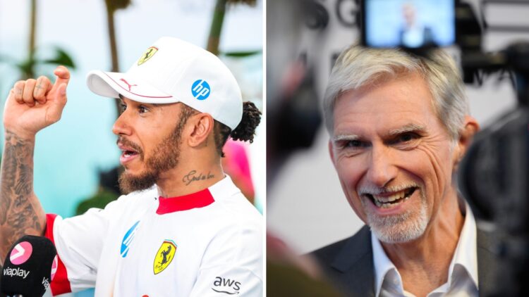 Lewis Hamilton (left) speaking to the press after the 2025 Miami Grand Prix, Damon Hill (right) talking to camera