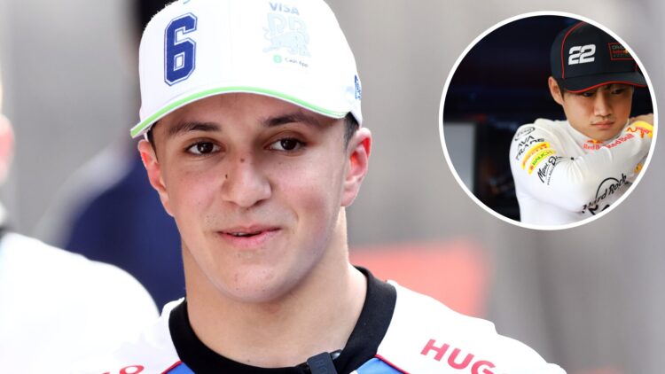 Racing Bulls driver Isack Hadjar in the 2025 F1 Monaco Grand Prix paddock with an inset of Red Bull's Yuki Tsunoda