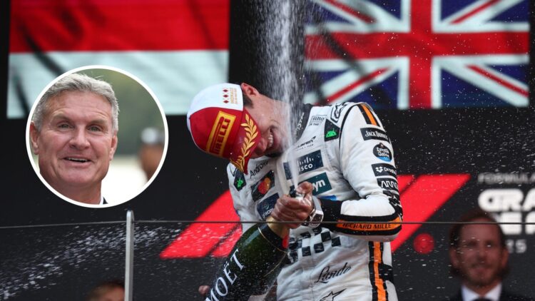 McLaren driver Lando Norris spraying champagne at the 2025 Monaco Grand Prix, inset, David Coulthard
