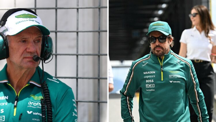 Adrian Newey (left) at the Monaco Grand Prix, Fernando Alonso (right) walking through the paddock at the Monaco Grand Prix