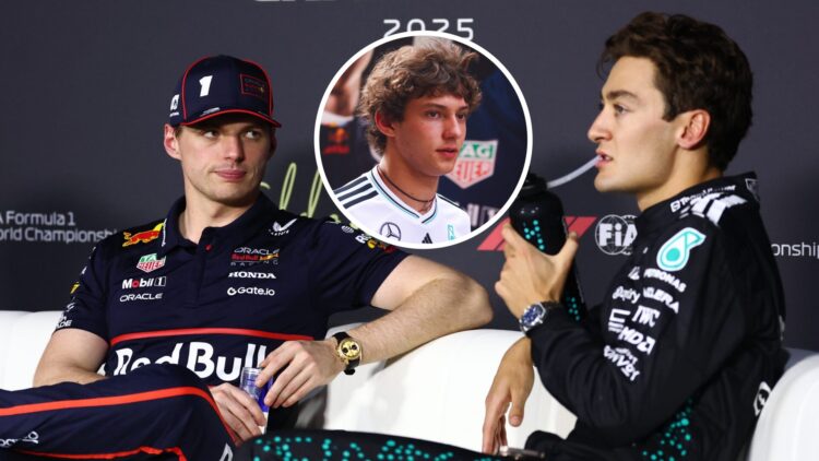 Red Bull driver Max Verstappen and Mercedes driver George Russell in a press conference, inset, Kimi Antonelli