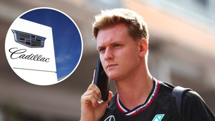 Michael Schumacher in the F1 paddock as Mercedes reserve driver, inset Cadillac logo