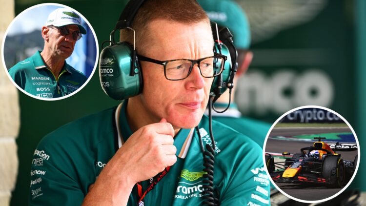 Aston Martin CEO Andy Cowell at the 2024 United States Grand Prix, insets Adrian Newey and Max Verstappen