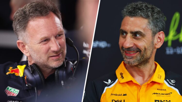 Red Bull team principal Christian Horner in the garage at the 2025 F1 Monaco Grand Prix and McLaren team principal Andrea Stella in a press confere...