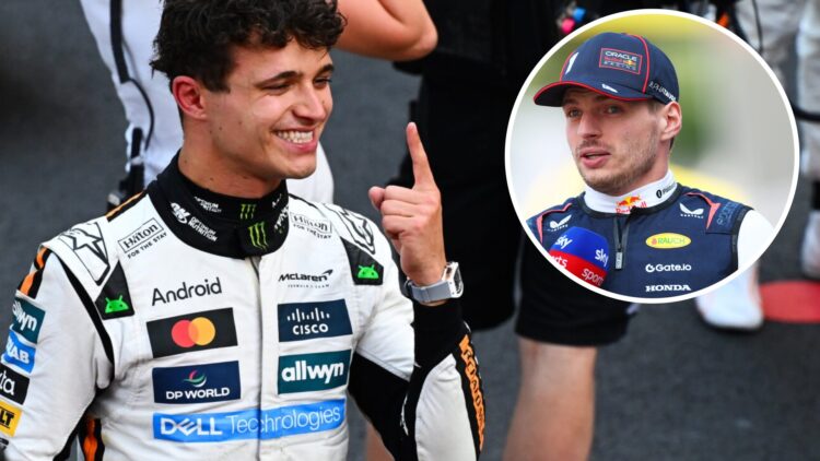 McLaren driver Lando Norris celebrates winning the 2025 F1 Monaco Grand Prix with an inset of Red Bull driver Max Verstappen being interviewed