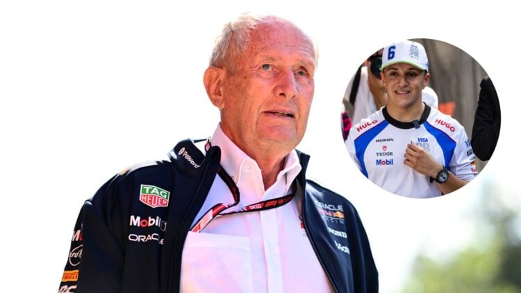 Isack Hadjar of Visa Cash App Racing Bulls and Helmut Marko of Red Bull Racing during the 2025 F1 season