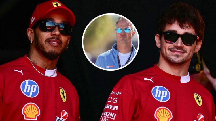 Ferrari drivers Lewis Hamilton and Charles Leclerc, inset, Ralf Schumacher