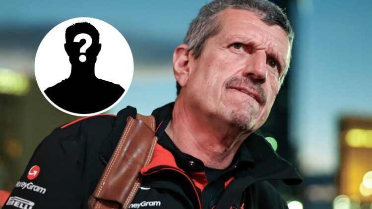 Former Haas team principal Guenther Steiner at the Las Vegas Grand Prix, inset, mystery figure