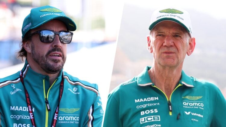 Aston Martin driver Fernando Alonso and managing technical partner Adrian Newey at the 2025 F1 Monaco Grand Prix