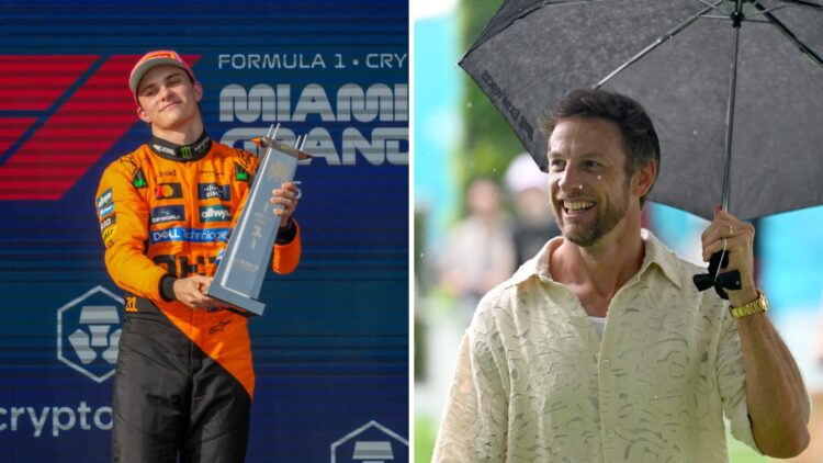 Oscar Piastri (left) holding his trophy on the podium at the Miami Grand Prix, Jenson Button (right) holding an umbrella in the Miami Grand Prix pa...