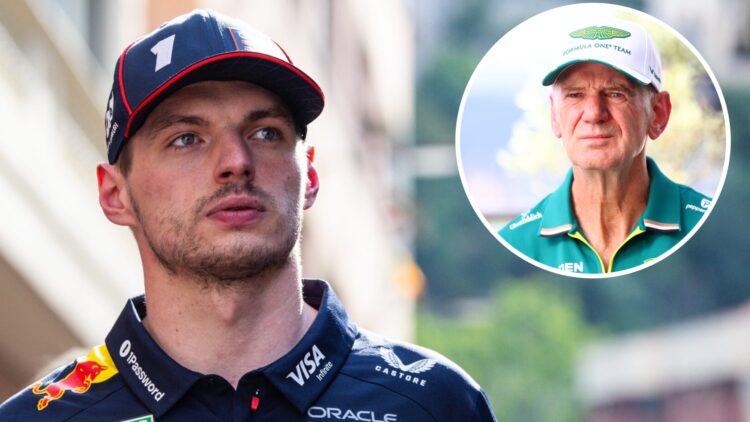 Red Bull driver Max Verstappen in the 2025 F1 Monaco Grand Prix paddock with an inset of Aston Martin managing technical partner Adrian Newey