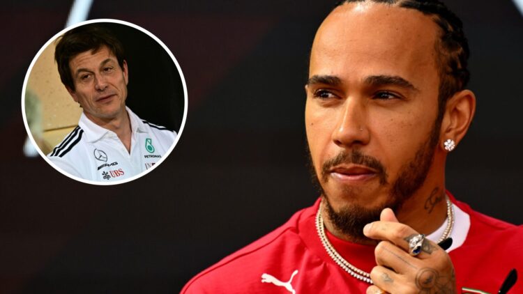 Ferrari driver Lewis Hamilton reacts at the 2025 F1 Monaco Grand Prix with an inset of Mercedes team principal Toto Wolff in Bahrain