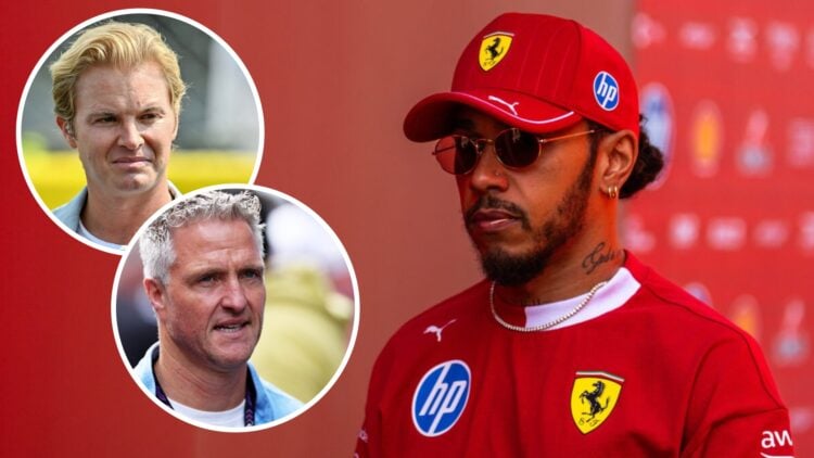 Ferrari driver Lewis Hamilton arrives in the 2025 F1 Monaco Grand Prix paddock with insets of Nico Rosberg and Ralf Schumacher