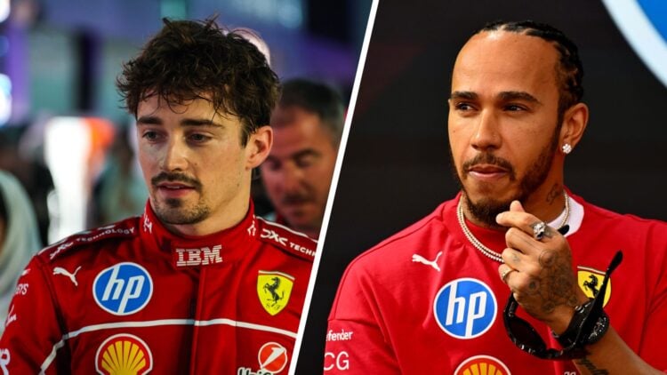 Split image of Ferrari drivers Charles Leclerc (L) at the 2025 Saudi Arabian Grand Prix and Lewis Hamilton (R)