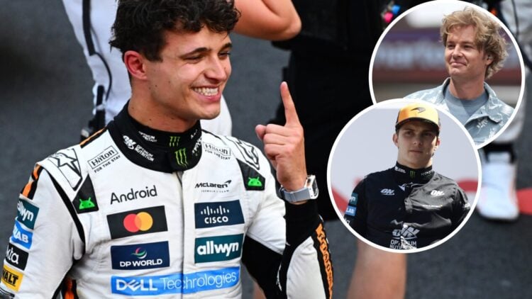 McLaren driver Lando Norris celebrates winning the 2025 F1 Monaco Grand Prix with insets of Nico Rosberg and Oscar Piastri