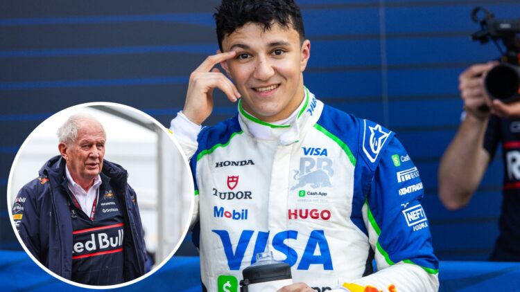 Racing Bulls at Isack Hadjar at the 2025 Monaco Grand Prix, inset Red Bull chief advisor Helmut Marko