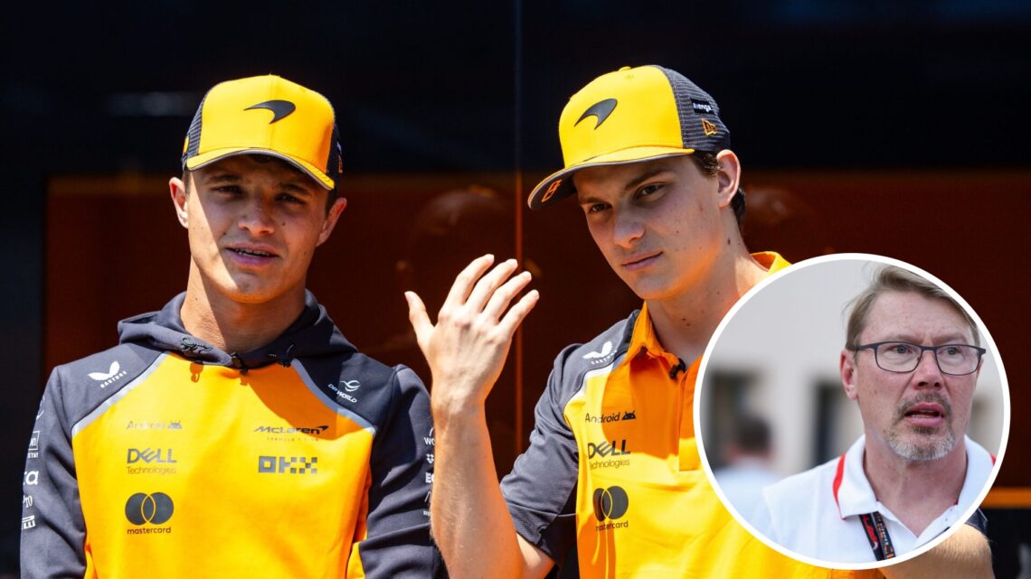 McLaren drivers Lando Norris and Oscar Piastri, inset Mika Hakkinen at the 2023 Bahrain Grand Prix