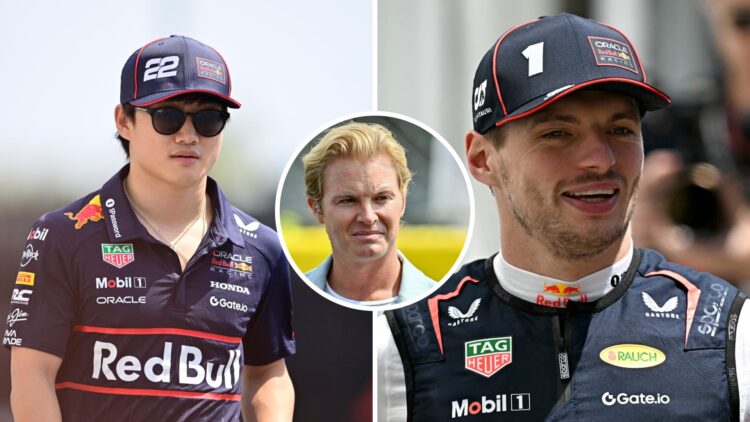 Split image of Red Bull drivers Yuki Tsunoda (L) and Max Verstappen (R), inset Nico Rosberg