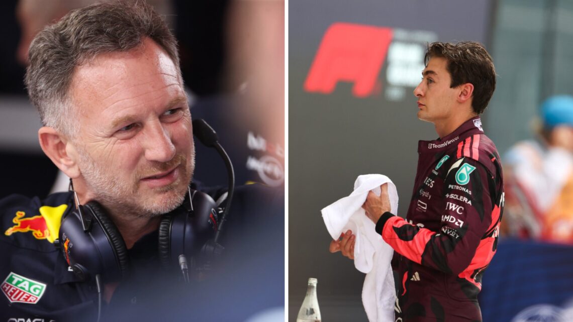 Christian Horner (left) in the Miami Grand Prix paddock, George Russell (right) holding a towel after the Miami Grand Prix