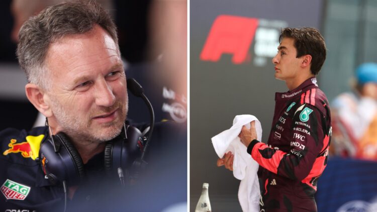 Christian Horner (left) in the Miami Grand Prix paddock, George Russell (right) holding a towel after the Miami Grand Prix
