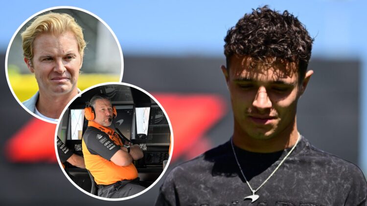 McLaren driver Lando Norris arrives in the 2025 F1 Spanish Grand Prix paddock with insets of Nico Rosberg and Zak Brown