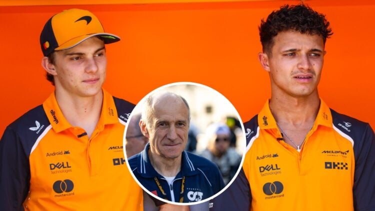 McLaren drivers Oscar Piastri and Lando Norris in the 2025 F1 Spanish Grand Prix paddock with an inset of Franz Tost in Abu Dhabi