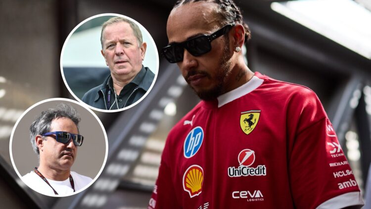 Ferrari driver Lewis Hamilton in the F1 paddock, insets Juan Pablo Montoya and Martin Brundle