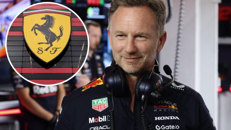 Red Bull team principal Christian Horner at the 2025 Saudi Arabian Grand Prix, inset Ferrari logo