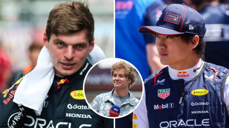 Red Bull driver Max Verstappen reacts after qualifying for the 2025 F1 Spanish Grand Prix and Yuki Tsunoda on the grid in Monaco with an inset of N...