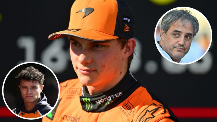 McLaren driver Oscar Piastri, insets of McLaren's Lando Norris and Juan Pablo Montoya