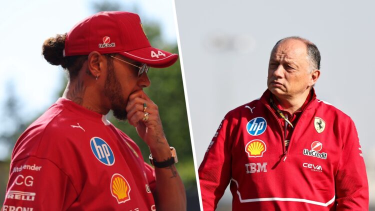 Split image of Ferrari driver Lewis Hamilton (L) at the 2025 Emilia Romagna Grand Prix and Frederic Vasseur (R)