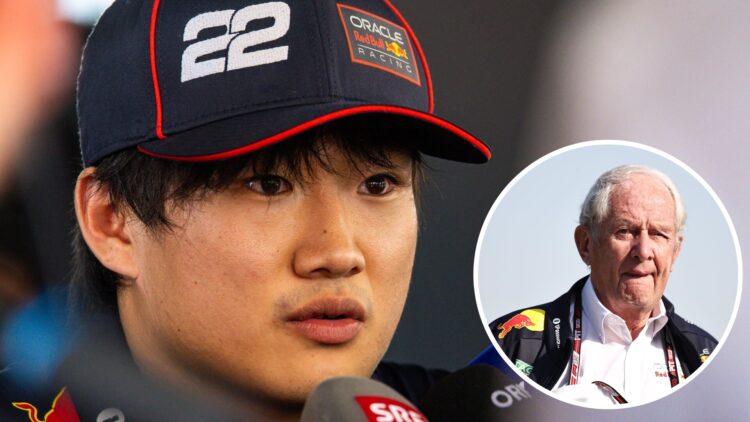 Red Bull driver Yuki Tsunoda reacts after Q1 exit at the 2025 F1 Spanish Grand Prix with an inset of Helmut Marko in China